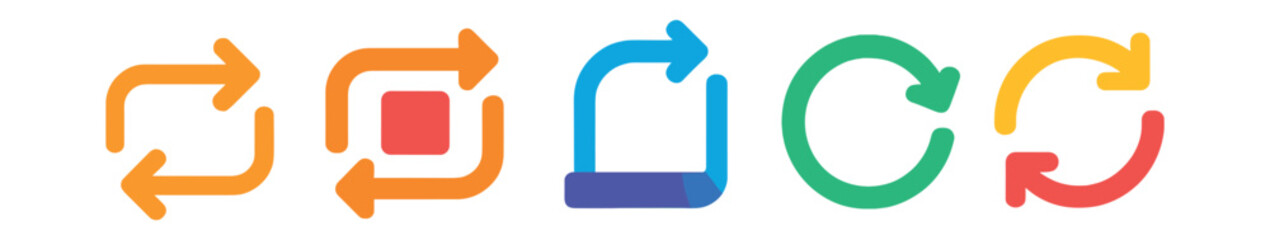 Fototapeta premium Flat vector icons of repeat and loop navigation: repeat icon, repeat all, loop section, refresh circle, reload icon.