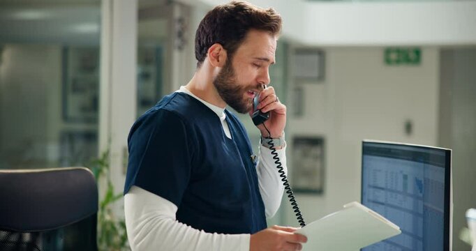 Phone call, nurse and man with paperwork, talking or communication with contact for patient records. Healthcare, administration and person with telephone, read and results of medical report in clinic