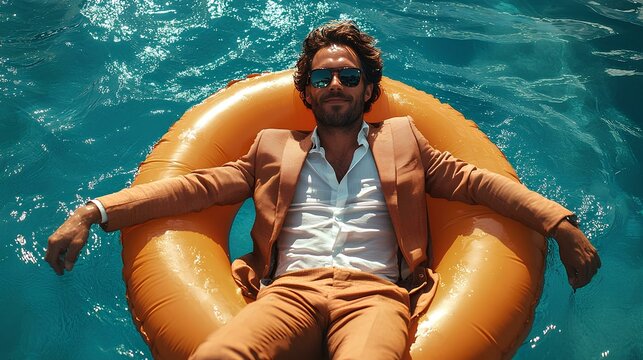 Man in a Business Suit Relaxing in Pool Float - Powered by Adobe