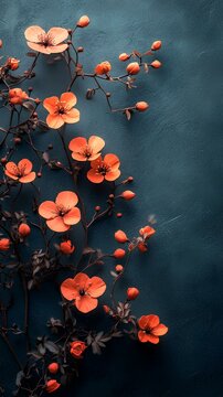 Fototapeta Minimalist Floral Branch with Coral Blossoms on Teal Surface