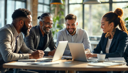 Multiethnic team of four business professionals smiling and working together with documents and laptops in brightly lit modern office with warm light, with mid adult businessman looking at camera