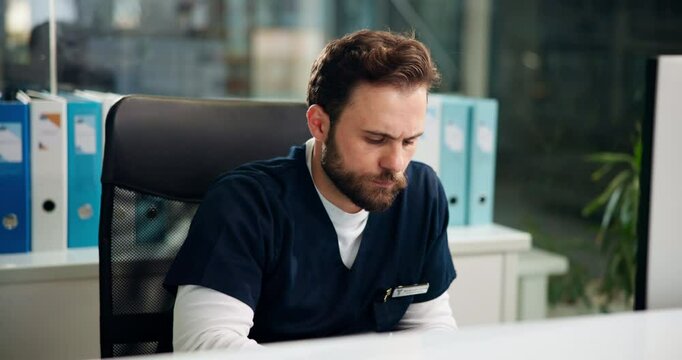Doctor, computer and reading for surgery in hospital, edit or check digital medical records with typing. Surgeon man, electronic details or info for healthcare, treatment and admin for update