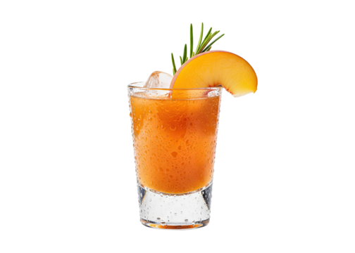 sweet peach shot with rosemary garnish