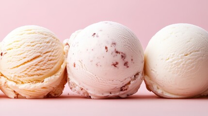 Delicious scoops of ice cream in appealing flavors against a soft pink background. This image evokes feelings of sweetness and indulgence, perfect for a summer treat.