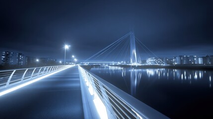 Obraz premium Illuminated suspension bridge at night over calm water.