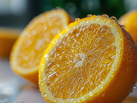 Sliced, juicy orange half with water droplets