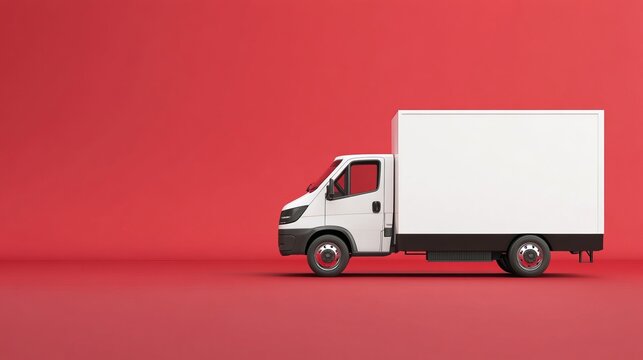 A white delivery truck with a box trailer on a red background in a studio setting with soft lighting