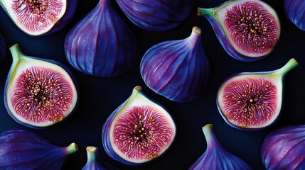 Whole and halved figs on a dark blue background, highlighting the vibrant purple and intricate interior patterns of the fruit