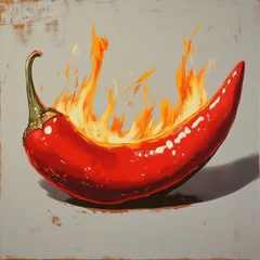 Plexiglas schilderij Hete pepers A vibrant red chili pepper engulfed in flames on a canvas.  © SashaMagic