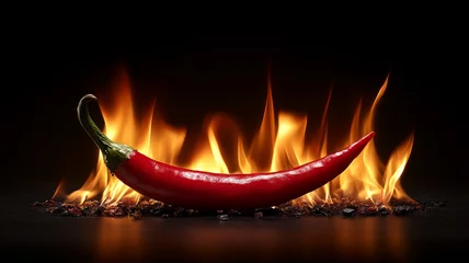 Plexiglas schilderij Hete pepers Red chili pepper with flames on a dark background.  © SashaMagic