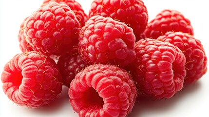 A vibrant cluster of fresh raspberries with a glossy surface, showcasing their rich red color and delicate texture