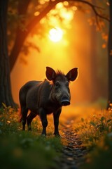 Solitary wild boar at sunset, dappled sunlight through leaves, suidae, undergrowth, animal
