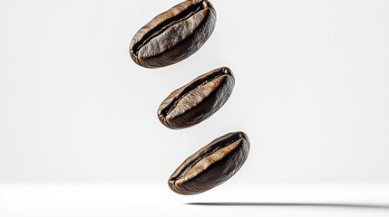 Three roasted coffee beans suspended in mid-air against a clean white background, highlighting their rich texture and aroma