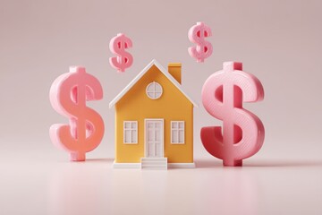 A playful 3D illustration of houses and dollar signs, symbolizing real estate investment and financial growth
