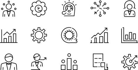 Line art icons depicting business concepts such as management and growth