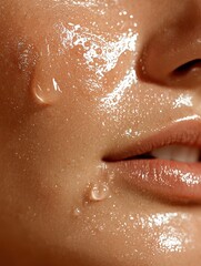 A close-up of a girl's face with glistening droplets, highlighting skin texture and natural beauty