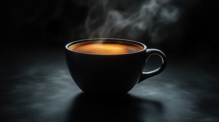 A steaming cup of coffee with rich, dark tones and a warm glow, set against a stark black background