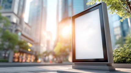Blank advertising billboard on urban sidewalk with modern skyscrapers and bright sunlight in the background, promotional concept of marketing agency or real estate