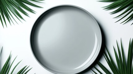 A minimalist composition featuring a sleek, empty plate surrounded by vibrant green palm leaves on a pristine white background