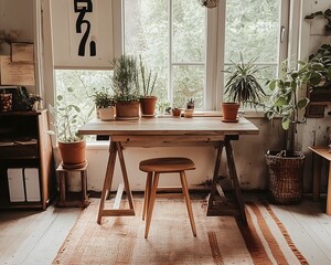 Fototapeta premium Scandinavian home office with neutral tones, wooden desk, minimalist furniture, plants, and large windows letting in bright natural light