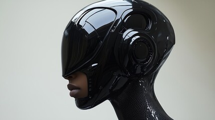 A close-up side profile of a futuristic cybernetic female model, featuring a glossy black helmet that partially obscures the face, with visible human lips, conveying a blend of advanced technology