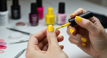 Applying bright yellow nail polish.  Hands carefully applying vibrant yellow nail polish to a fingernail.  Close-up view of manicuring process