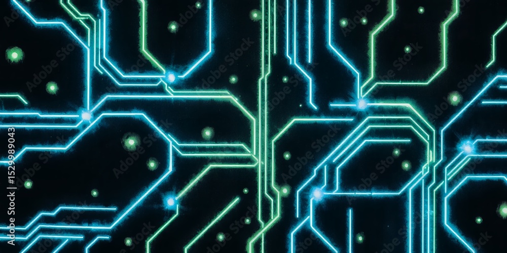Poster abstract glowing circuit board pattern with blue and green lines on a dark background design