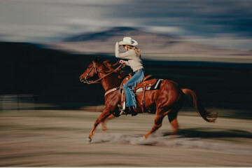 western cowboy woman riding a horse, motion blur photo