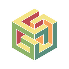 Abstract isometric cube design.  Interlocking pastel shapes create a visually engaging, complex yet balanced image. Perfect for presentations, websites, or as a modern logo element.