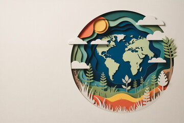 cut paper ecosystem elements, sustainability message through minimalist collage design, space for text