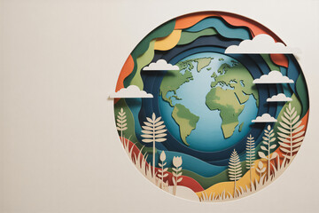 cut paper ecosystem elements, sustainability message through minimalist collage design, space for text