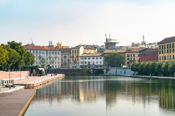 Canal and colorful historic buildings in Navigli district, Milan