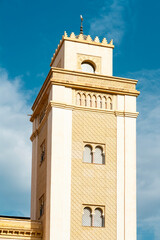 Minaret of mosque in Malaga with traditional Moorish design. Andalusia, Spain