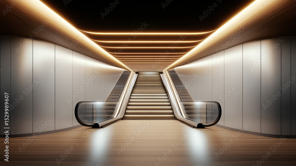 Poster a striking image of escalators in a chic, modern atrium, showcasing sleek lines and illuminated feat