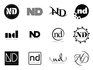ND logo company template. Letter n and d logotype. Set different classic serif lettering and modern bold text with design elements. Initial font typography.