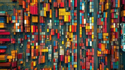 An aerial shot of a container yard showing colorful containers arranged in geometric patterns with shipping vessels docked nearby