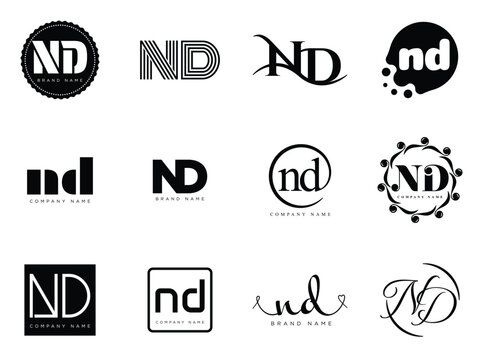 ND logo company template. Letter n and d logotype. Set different classic serif lettering and modern bold text with design elements. Initial font typography.