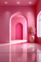 Modern pink interior with soft lighting, elegant arches, and floral decor, perfect for beauty brands, interior design presentations, or wellness campaigns