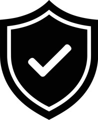 A black shield with a white checkmark on a gray background illustration
