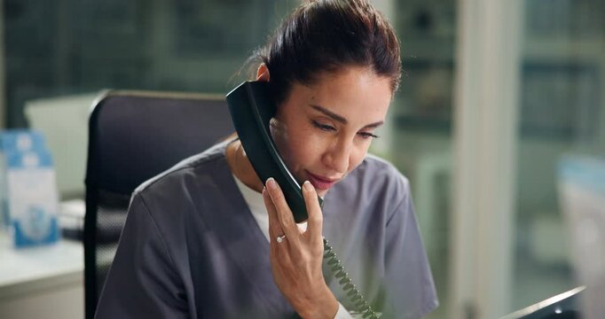 Woman, nurse and talk with phone call in office for medical report, results and wellness advice. Smile, person and telephone with discussion, administration and confirm appointment of booking inquiry
