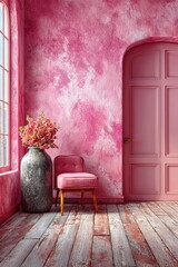 Rustic pink interior with wooden floor, vintage armchair, and floral vase, perfect for editorial spreads, cozy lifestyle brands, or romantic content
