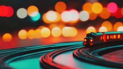 Model train glides on a curved track with vibrant, festive lights