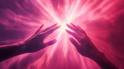 Two hands reach toward each other, fingertips touching in front of a blinding burst of rose-colored radiance