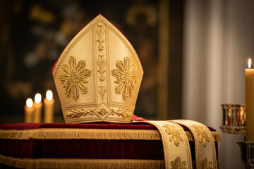 ornate golden bishop's mitre displayed on velvet altar cloth, intricate religious engravings 