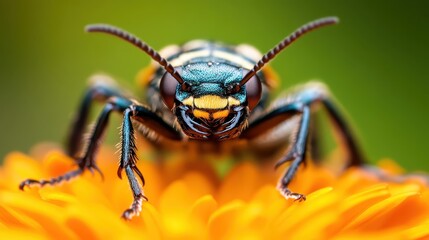 Naklejka premium An intense close-up image of a colorful insect perched on a vibrant flower, capturing the stunning detail of nature’s creatures and their interactions with blooms.
