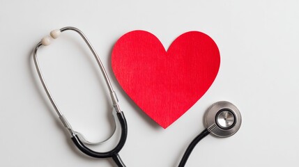 Flat lay of stethoscope with red paper heart symbolizing care on World Heart Day