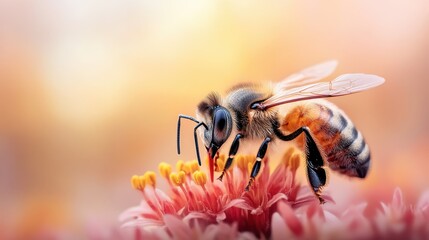 Fototapeta premium An intricate macro shot of a bee delicately working on a flower, highlighting the beauty of nature and the crucial role of pollinators in our ecosystem.