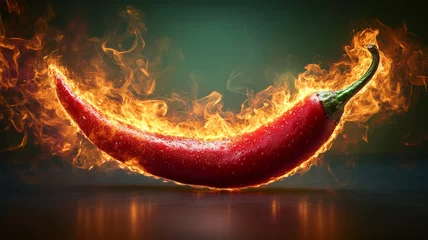 Canvas schilderij Hete pepers Red chili pepper engulfed in flames on dark background.  © SashaMagic