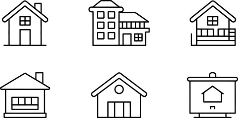 Fototapeta premium Various house and building icons displayed in a line art style design