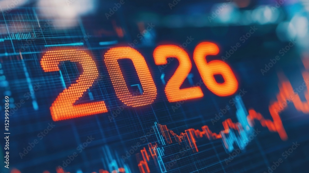 Aufkleber digital representation of 2026 with financial data and graphs displayed